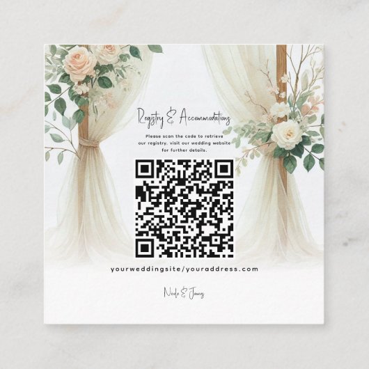 Bloemen Houten Boog Greenery Rozen Trouwdetails Vierkante Visitekaartje (Achterkant)