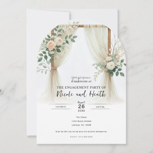 Bloemen Houten Boog Greenery Rozen Verloving Kaart (Voorkant)