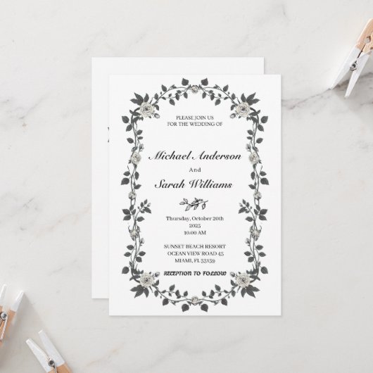  Bloemen Huwelijksuitnodiging Black Vines Kaart (Voorkant / Achterkant in situ)