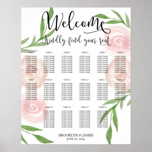 Bloemen Huwelijkszitplaatskaartposter Roze 40x50cm Poster (Voorkant)