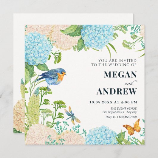 Bloemen Hydrangea Bird Butterfly bruiloft Kaart (Voorkant / Achterkant)