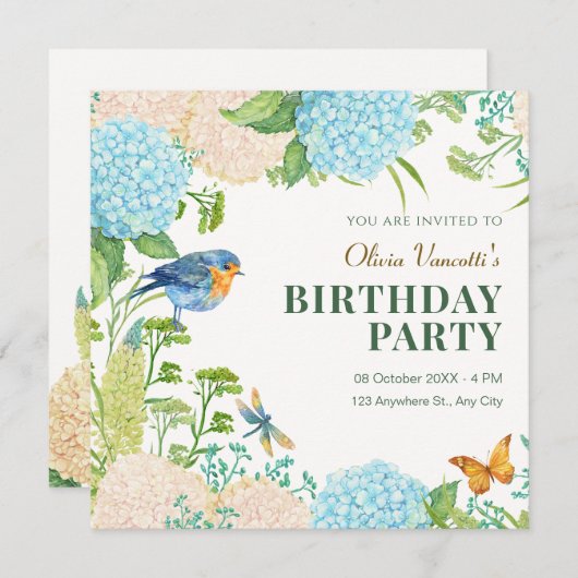 Bloemen Hydrangea Bird Butterfly verjaardag Kaart (Voorkant / Achterkant)