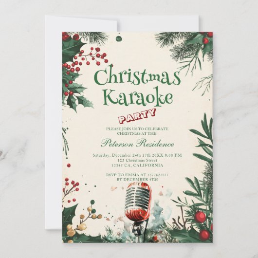 Bloemen I Microfoon Kerst Karaoke Party Kaart (Voorkant)