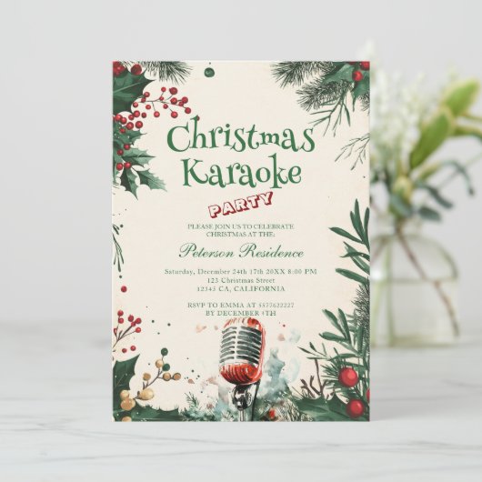 Bloemen I Microfoon Kerst Karaoke Party Kaart (Staand voorkant)