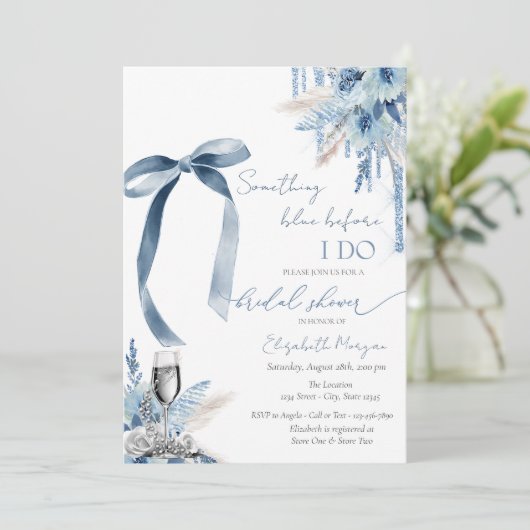 Bloemen Iets Blauw Bow Glitter Druppelt Parels Kaart (Staand voorkant)