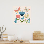 Bloemen in blauwe en Oranje tinten Poster (Keuken)