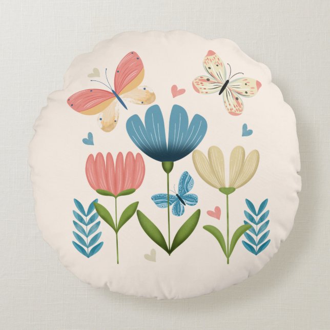 Bloemen in blauwe en Oranje tinten Rond Kussen (Voorkant)