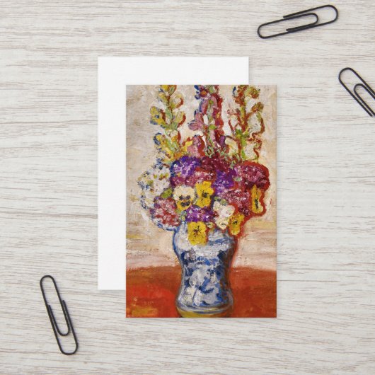 Bloemen in Blauwe en Witte Vaas op Oranje Tafel Visitekaartje (Voorkant / Achterkant in situ)