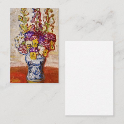 Bloemen in Blauwe en Witte Vaas op Oranje Tafel Visitekaartje (Voorkant / Achterkant)