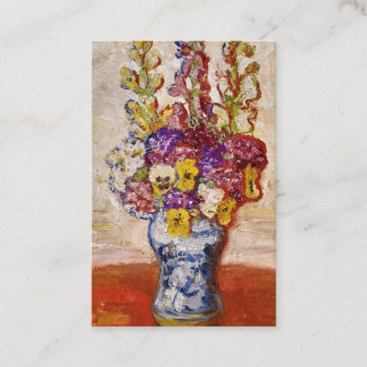 Bloemen in Blauwe en Witte Vaas op Oranje Tafel Visitekaartje (Voorkant)