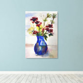 Bloemen in Blauwe Vase Canvas Waterverf Afdrukken (Insitu (Houten vloer))