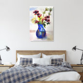 Bloemen in Blauwe Vase Canvas Waterverf Afdrukken (Insitu (Slaapkamer))