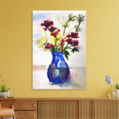 Bloemen in Blauwe Vase Canvas Waterverf Afdrukken (Insitu (Woonkamer))