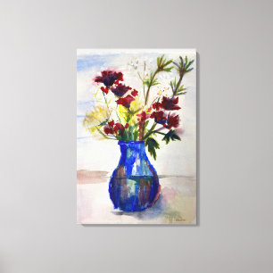 Bloemen in Blauwe Vase Canvas Waterverf Afdrukken