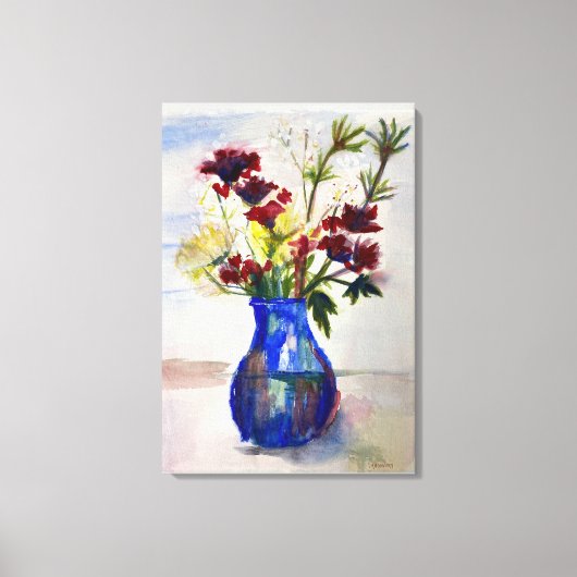 Bloemen in Blauwe Vase Canvas Waterverf Afdrukken (Voorkant)