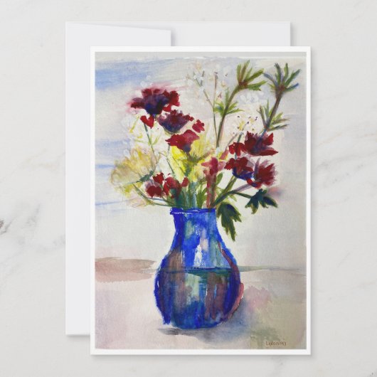 Bloemen in blauwe Vase Waterverf afdrukken Bedankkaart (Voorkant)
