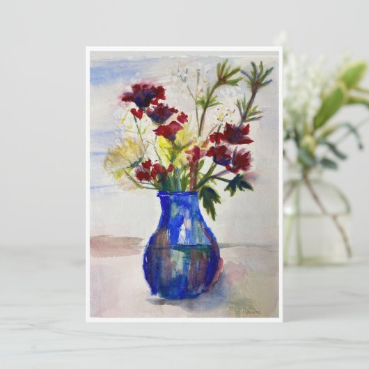 Bloemen in blauwe Vase Waterverf afdrukken Bedankkaart (Staand voorkant)