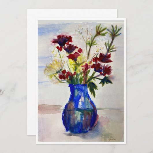 Bloemen in blauwe Vase Waterverf afdrukken Bedankkaart (Voorkant / Achterkant)