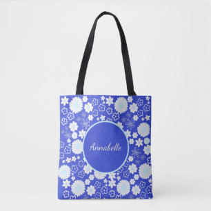 Bloemen in Blue Floral Pattern Custom Named Tote Bag