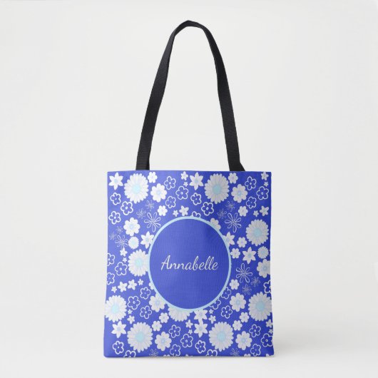 Bloemen in Blue Floral Pattern Custom Named Tote Bag (Voorkant)