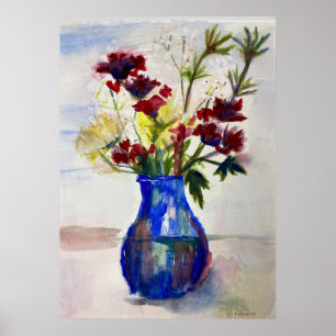 Bloemen in Blue Vase Waterverf Art Print