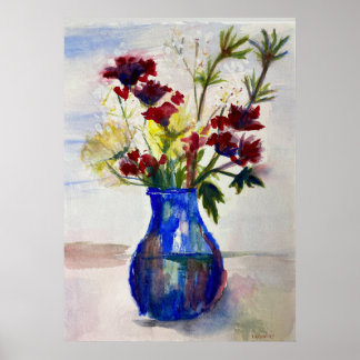 Bloemen in Blue Vase Waterverf Art Print