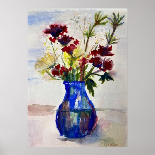 Bloemen in Blue Vase Waterverf Art Print (Voorkant)