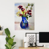 Bloemen in Blue Vase Waterverf Art Print (Thuiskantoor)