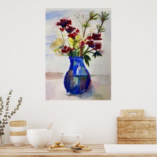 Bloemen in Blue Vase Waterverf Art Print (Keuken)