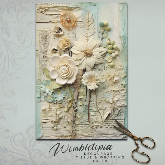  Bloemen in Cream & Mint Collage Decoupage Tissuepapier