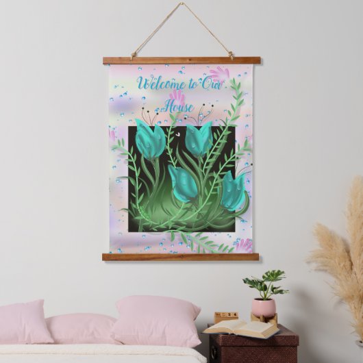 Bloemen in de muur, Blauwgroen wandtapijt Hangend Wandkleed (Slaapkamer)