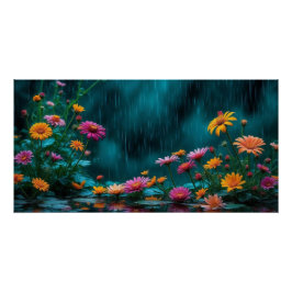Bloemen in de regen Natuur Poster Rainy Garden