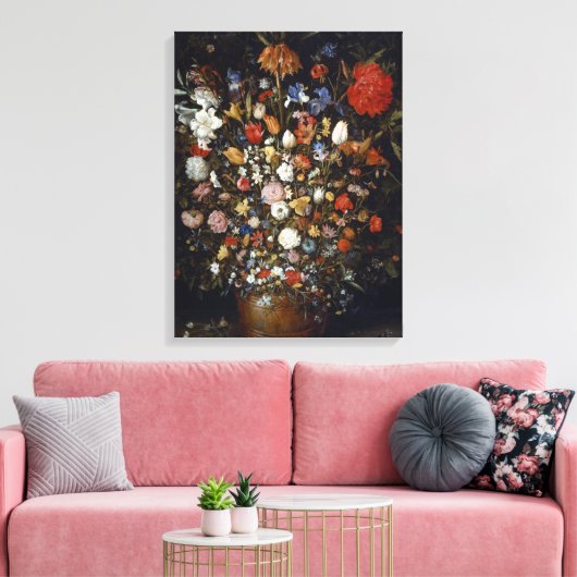 Bloemen in een houten vaartuig (door Jan Brueghel) Canvas Afdruk (Insitu (Woonkamer))
