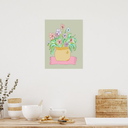 Bloemen in een pot in pasta poster (Keuken)