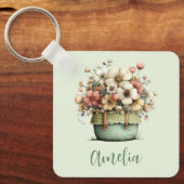 Bloemen in een pot knus shabby chic sleutelhanger (Voorkant)