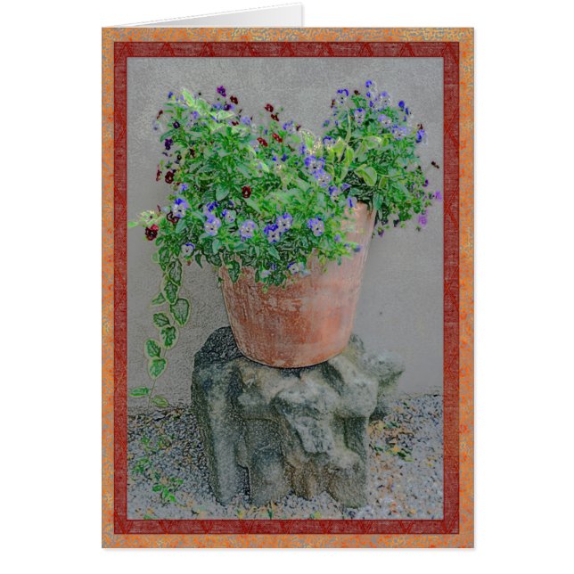 Bloemen in een tera-cotta pot op rots (Voorkant)