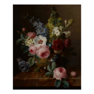Bloemen in een vaas op een marmeren richel perfect poster