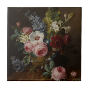 Bloemen in een vaas op een marmeren richel tegeltje