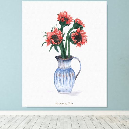 Bloemen in een vaas Waterverf Canvas Afdruk (Insitu (Houten vloer))
