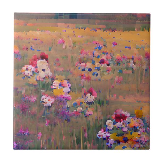 Bloemen in een veld lavender white digital art tegeltje (Voorkant)