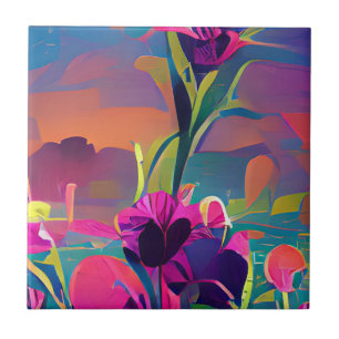 Bloemen in een veld met kleurrijke abstracte digit tegeltje