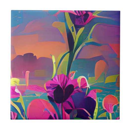 Bloemen in een veld met kleurrijke abstracte digit tegeltje (Voorkant)