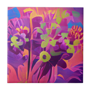 Bloemen in een veld met kleurrijke abstracte digit tegeltje
