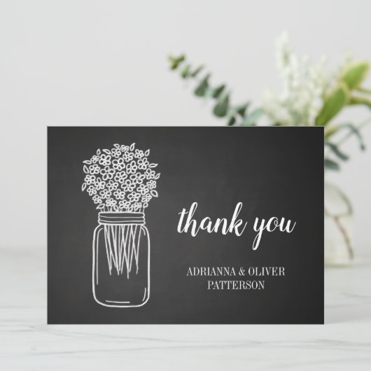 Bloemen in een weckpot met krijtbord - Dankjewel Bedankkaart (Staand voorkant)