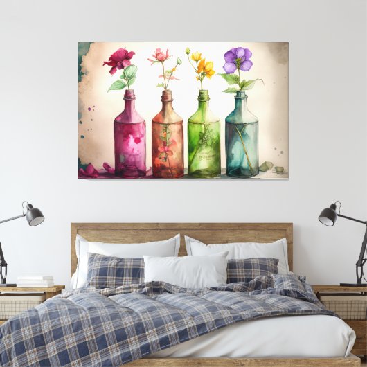 Bloemen in flessen, Bloemenprint, Bloemenkunst Canvas Afdruk (Insitu (Slaapkamer))