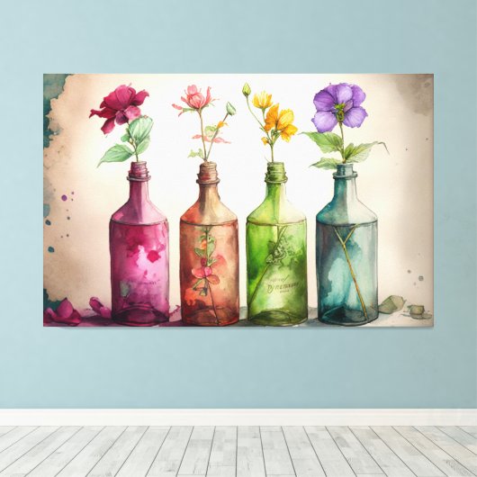 Bloemen in flessen, Bloemenprint, Bloemenkunst Canvas Afdruk (Insitu (Houten vloer))