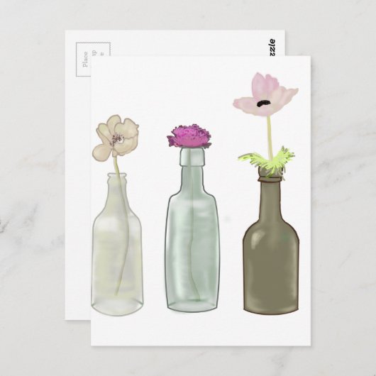 bloemen in glazen flessen . Kleuren pasta Briefkaart (Voorkant / Achterkant)