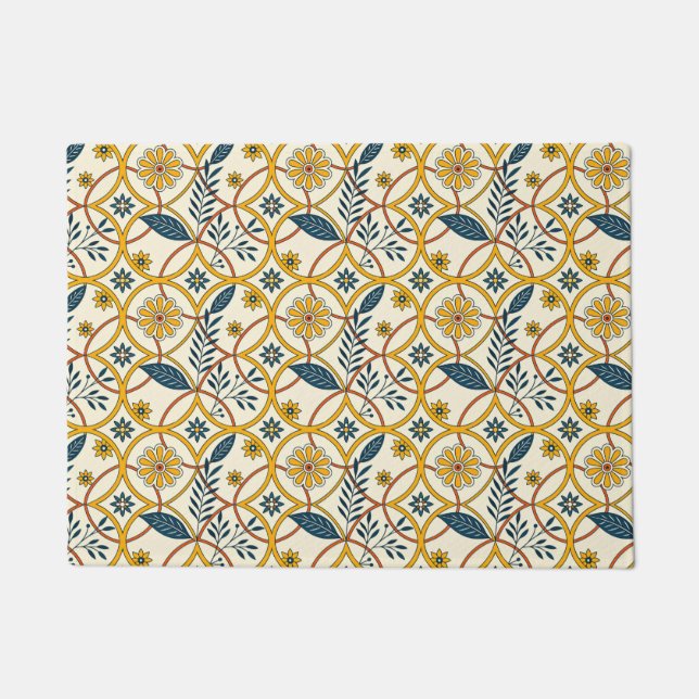 Bloemen in groene en beige cirkels deurmat (Voorkant)