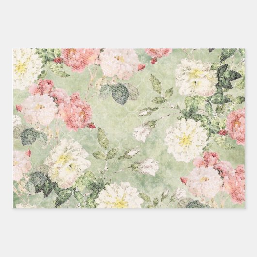 Bloemen in groenmozaïekstijlblad inpakpapier vel (Voorkant)