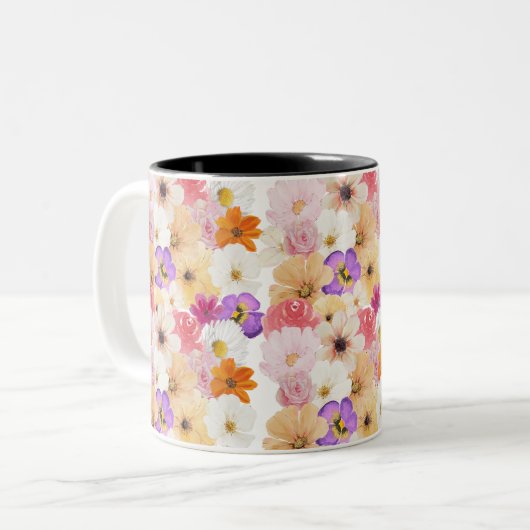Bloemen in harmonie: een symfonie van kleuren tweekleurige koffiemok (Voorkant links)